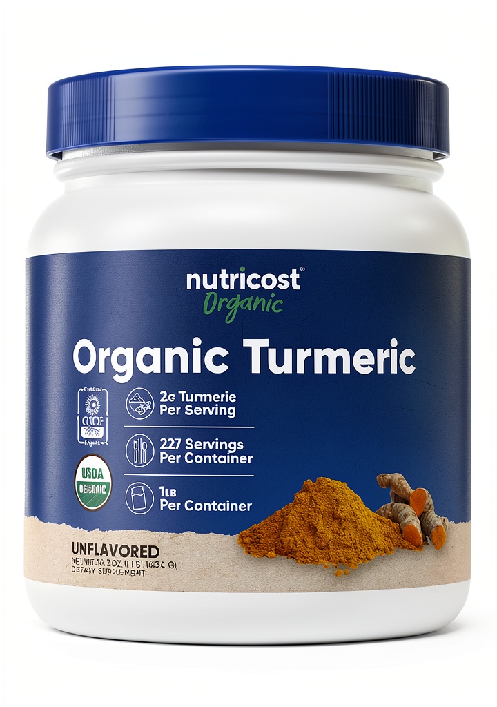 Nutricost Organic Turmeric Powder jar on a kitchen counter