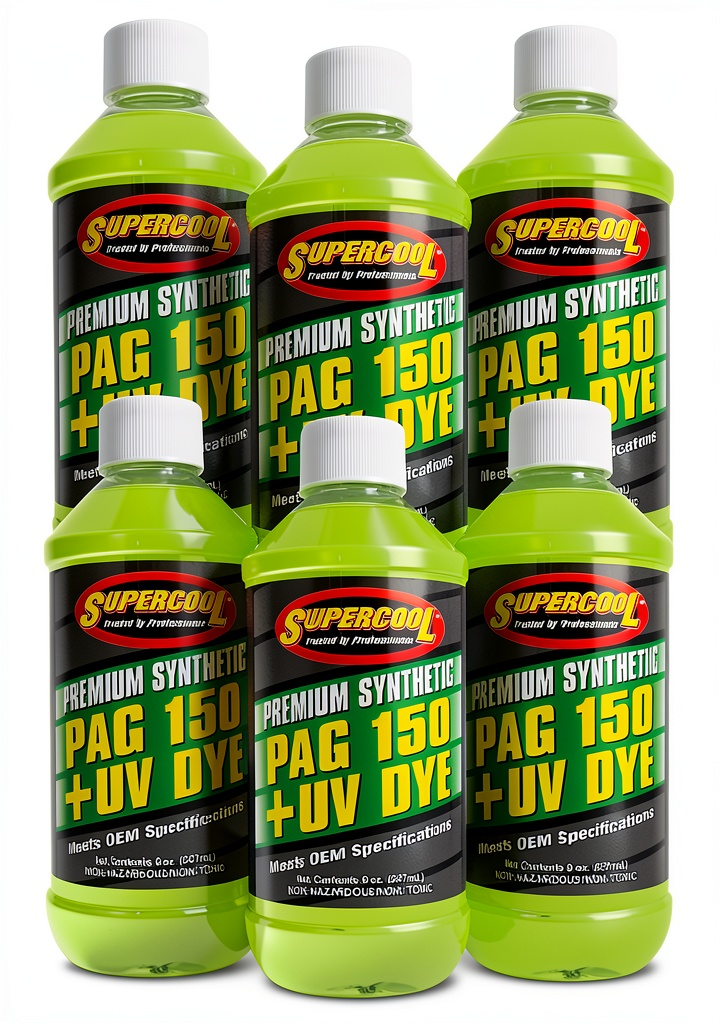 TSI Supercool Green AC oil bottle beside automotive air conditioning components
